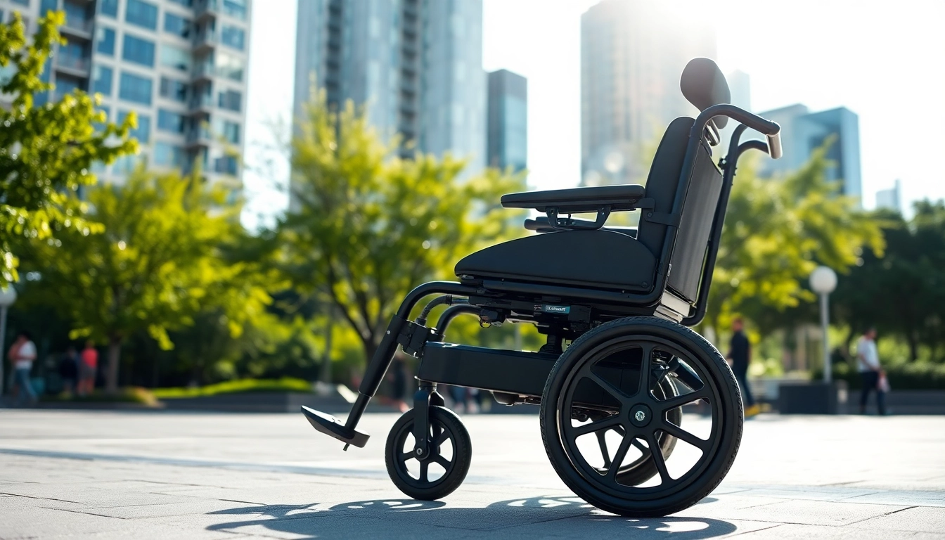 Electric wheelchair navigating through a vibrant urban park scene, showcasing its sleek design and modern features.