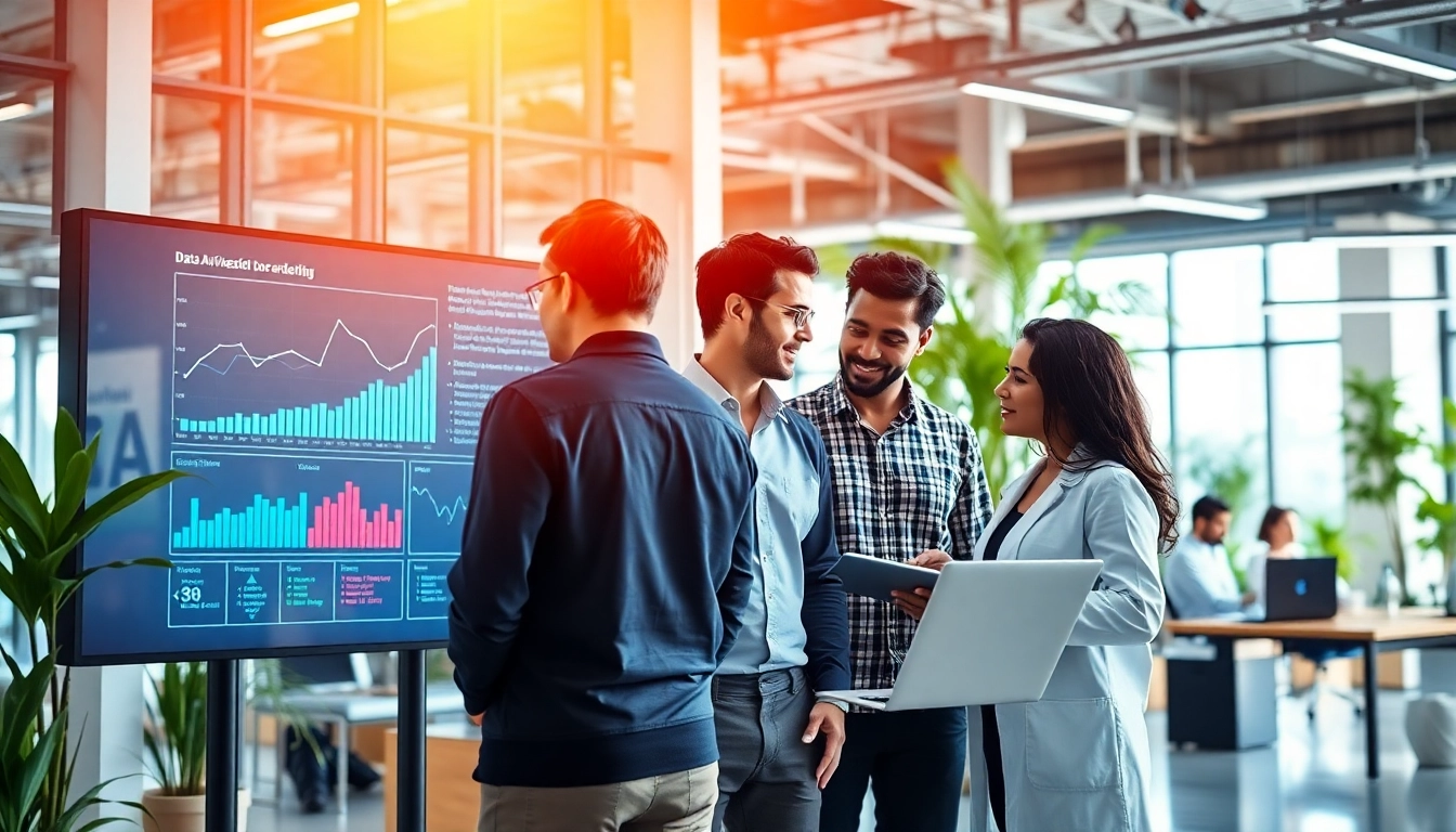 Showcasing crush ai, diverse data scientists engage with digital analytics in a modern workspace.