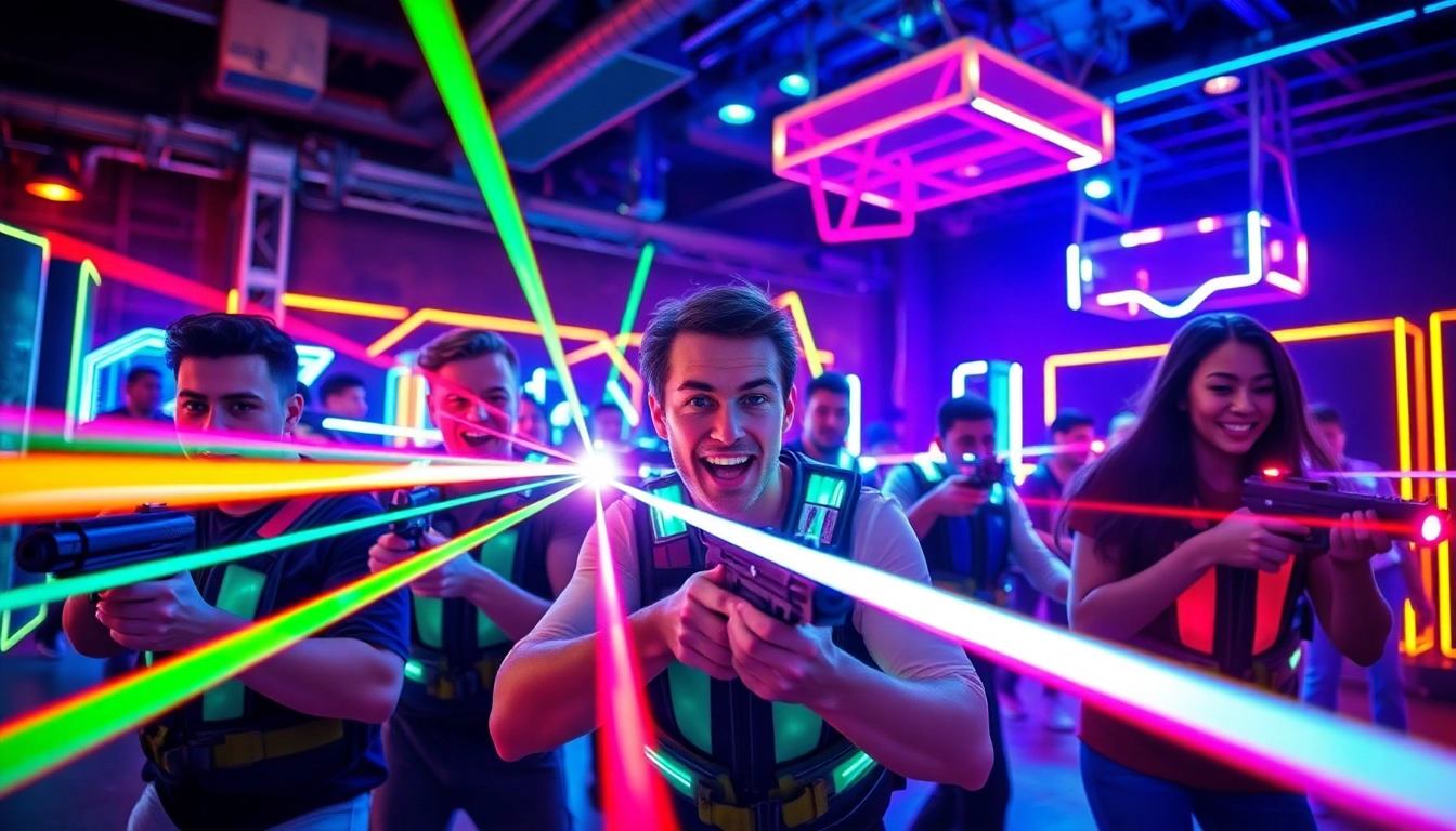 Players enjoy an exciting laser tag game in a vibrant arena filled with neon lights.