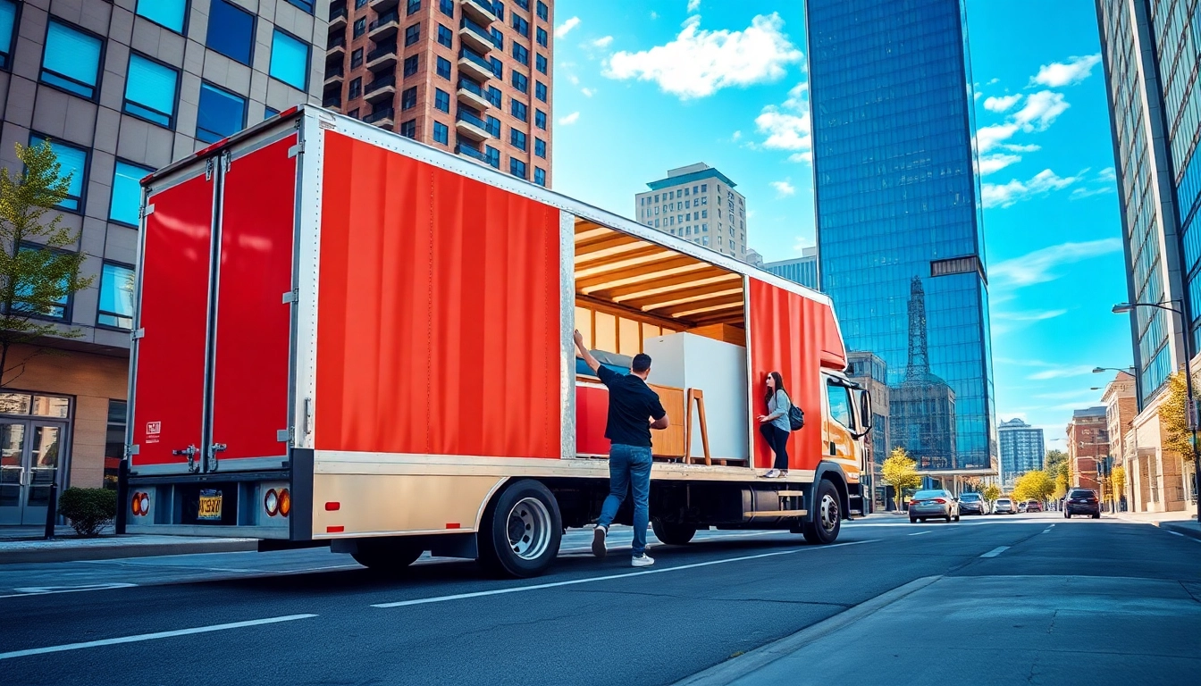 Umzug Fürth: Professional movers carefully loading furniture onto a truck in a sunny urban environment.