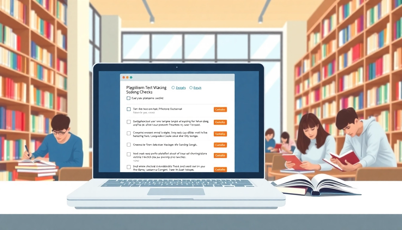 Use a plagiarism checker tool on a laptop surrounded by students in a library setting.