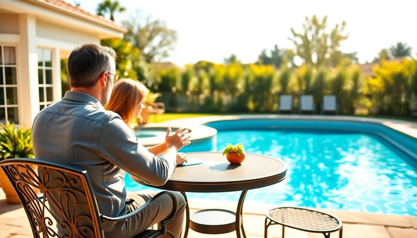 Discussing swimming pool financing by a beautiful home pool area.