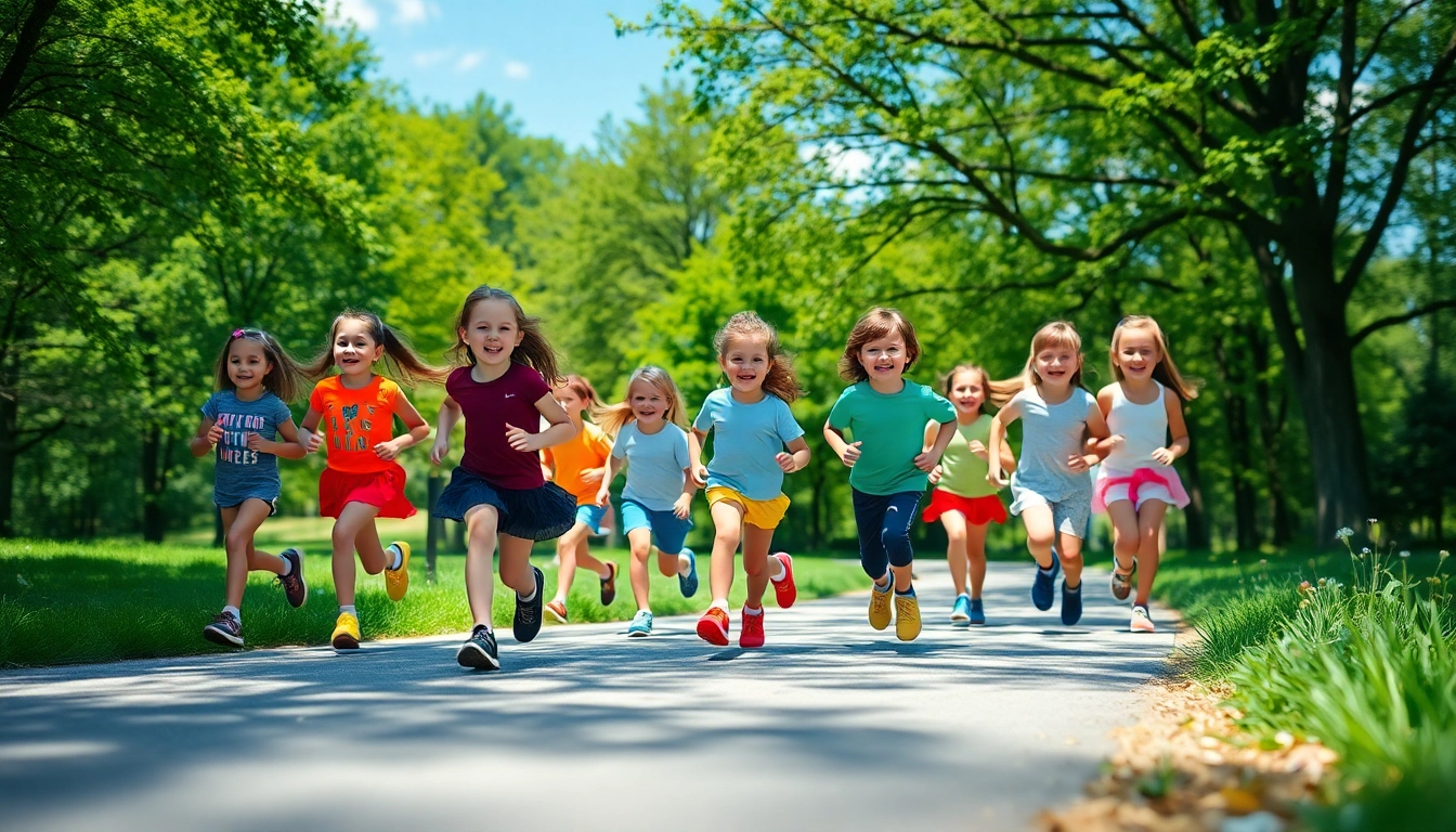 Kinder laufen voller Freude in bunten Laufschuhen für Kinder im Park.