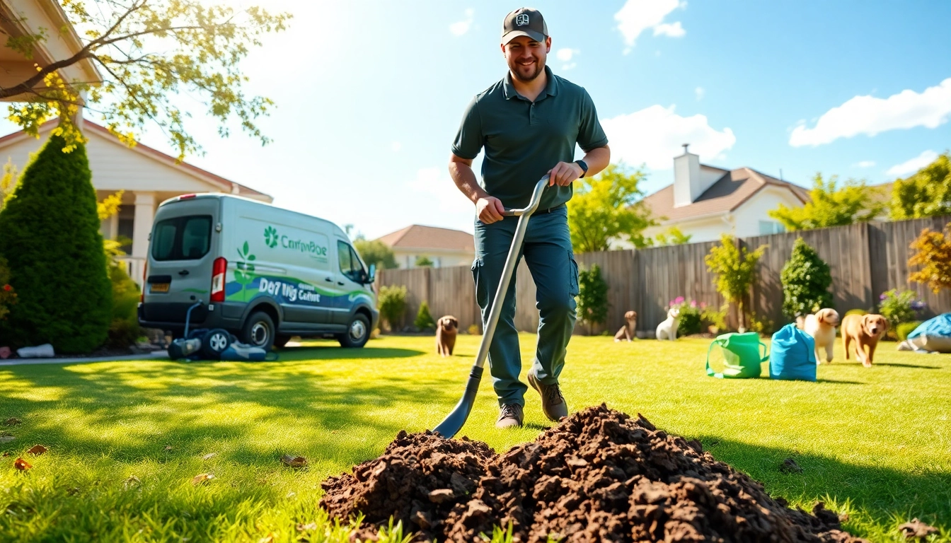 Dog poop cleaning service technician happily scooping waste in a clean backyard.