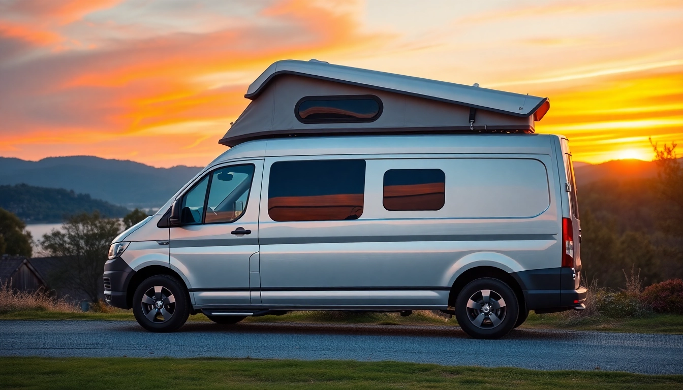 Experience the tranquility of a perfect campervan by the lakeside at sunset.