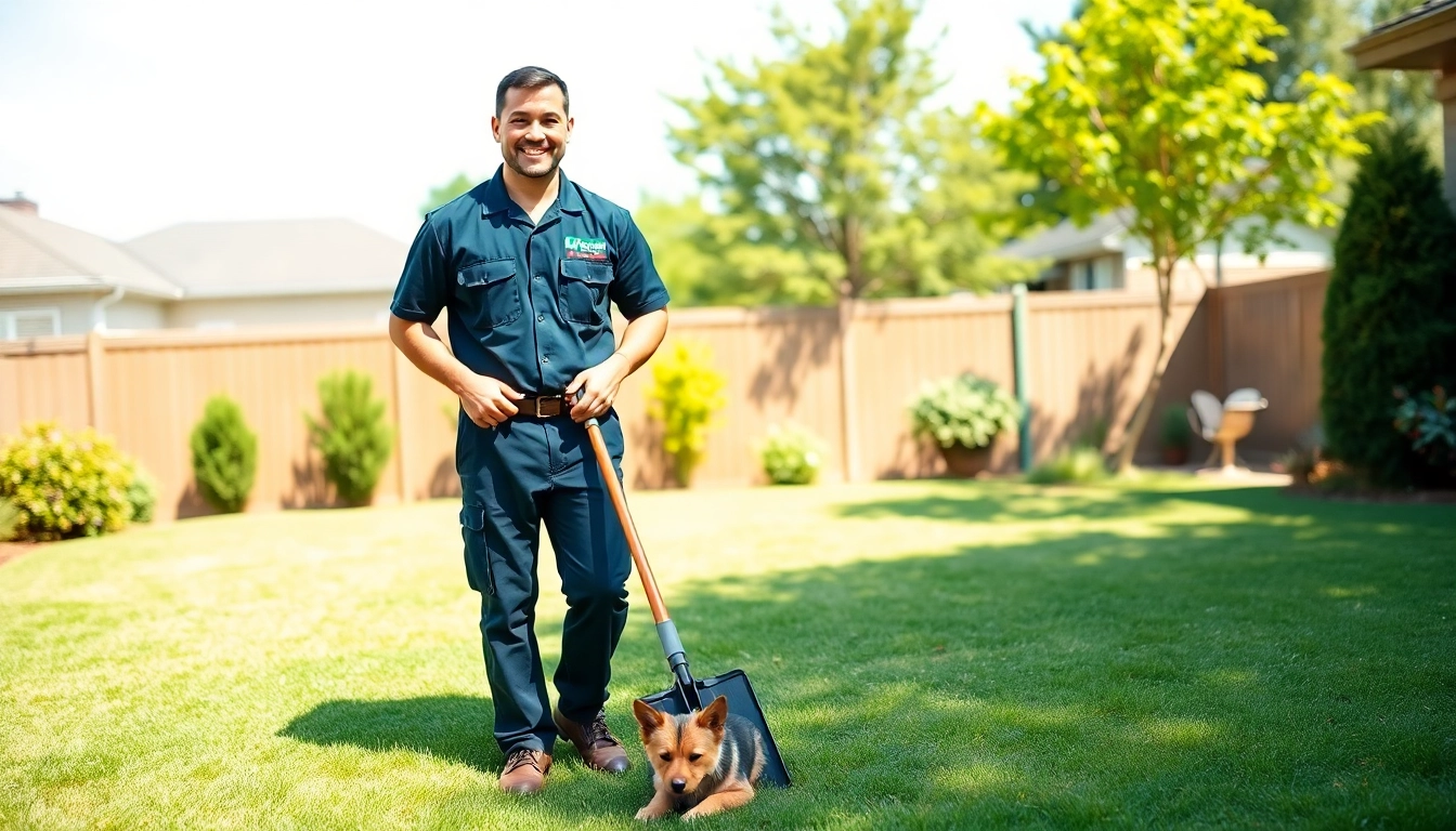 A smiling technician providing affordable pooper scooper service San Antonio in a clean backyard.