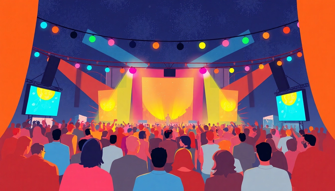 People enjoying汽水音乐海外 at a lively music festival, surrounded by colorful lights and vibrant settings.