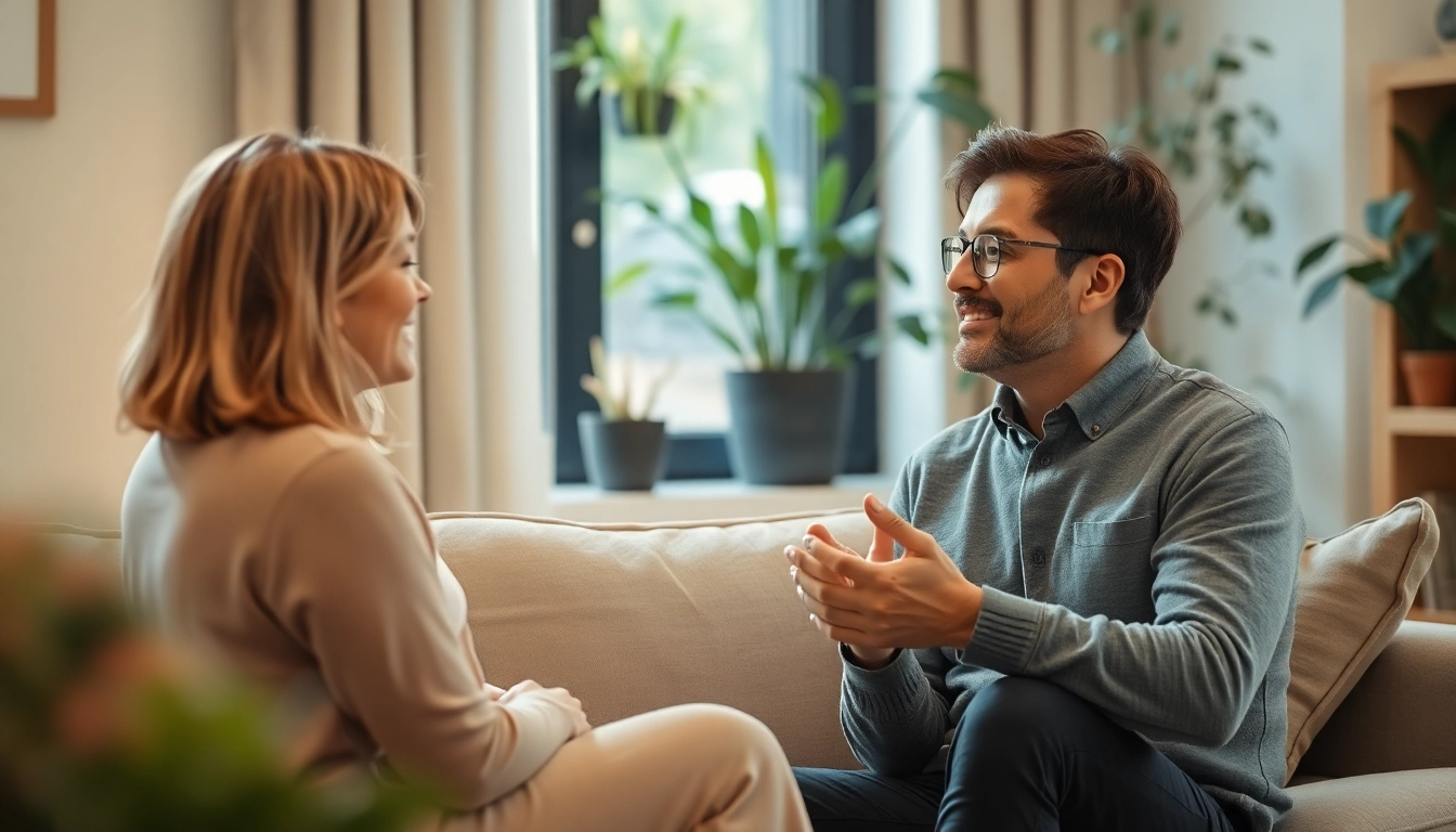 Engaged therapy session illustrating psychotherapy for bipolar disorder in a cozy, calming office environment.