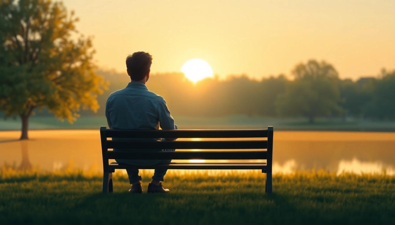 Reflective scene of dealing with grief, showcasing a person in serene landscape at sunrise.
