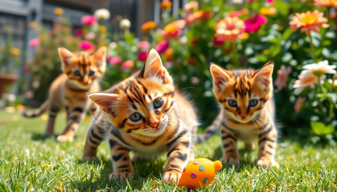 Engaging Bengal Breeders Orange County kittens playing in a sunny garden setting.