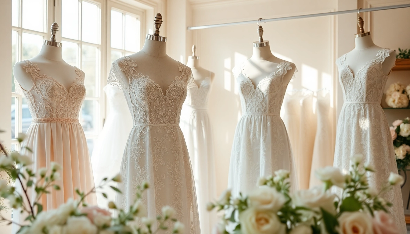 Admiring lace wedding dresses in a beautifully lit boutique, highlighting intricate designs.