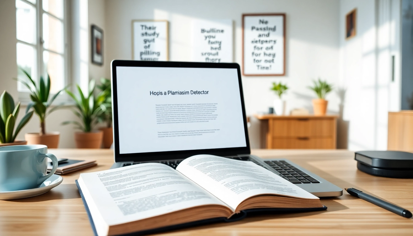 Using a plagiarism detector on a laptop in a bright, organized workspace to ensure academic integrity.