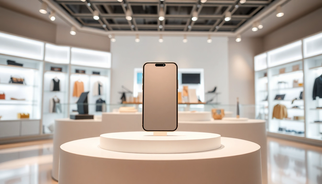 Buy iPhone Pro in a stylish retail setting, emphasizing luxury and sophistication.