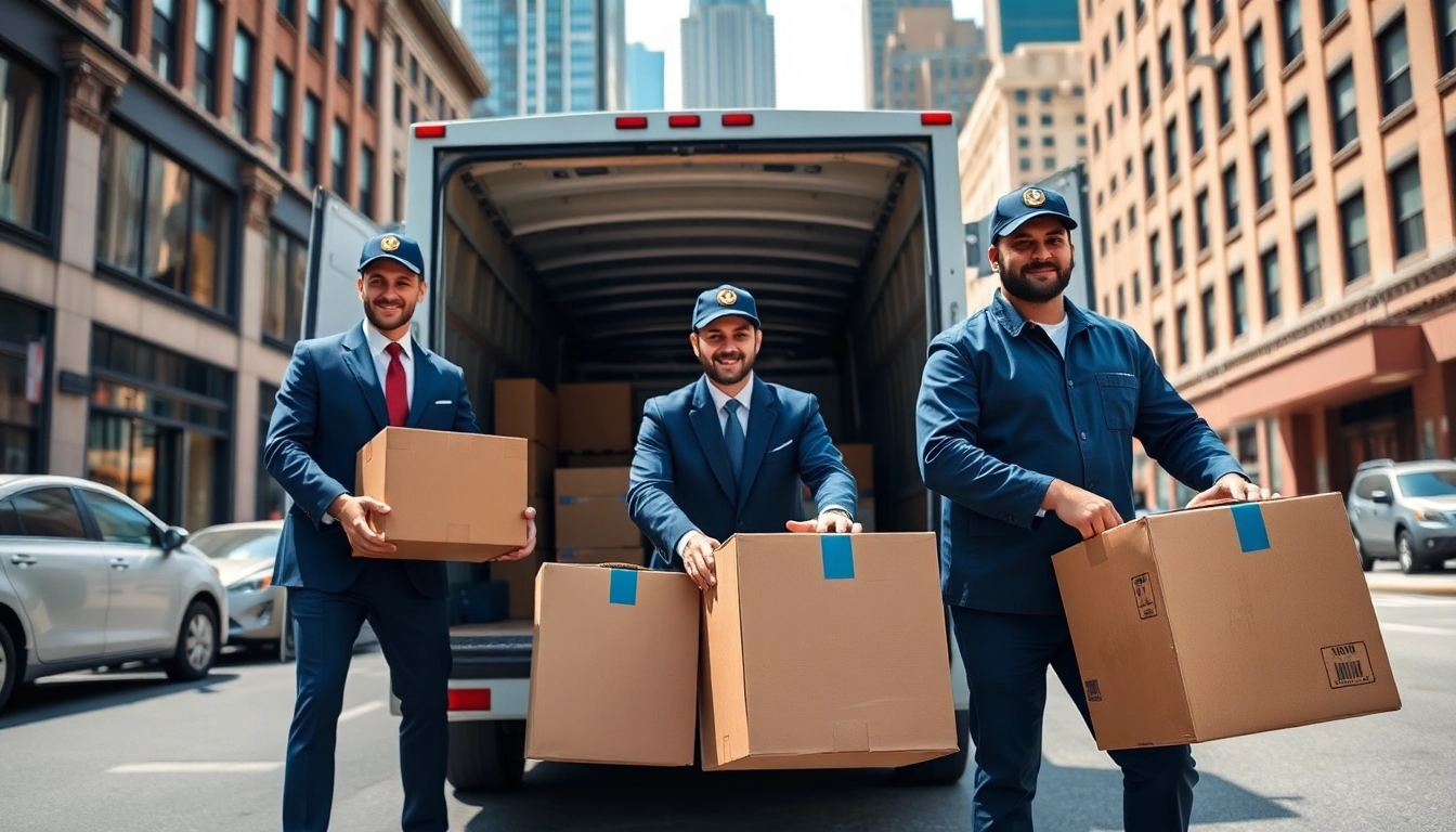 Hire Cheap movers nyc expertly packing and transferring boxes amidst the NYC skyline.