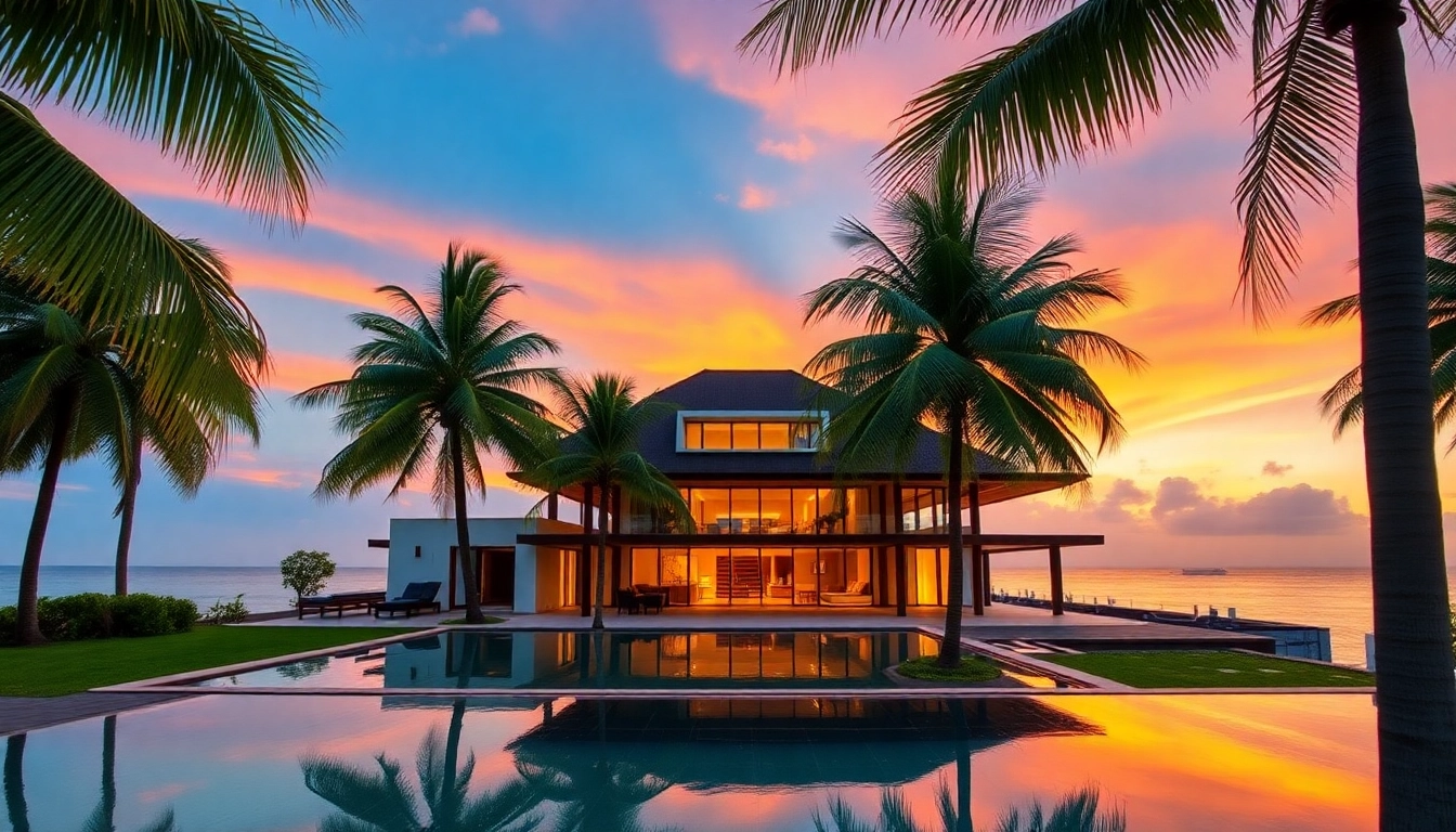 View luxurious property listed by Phuket real estate agents showcasing a beautiful villa against a sunset backdrop.