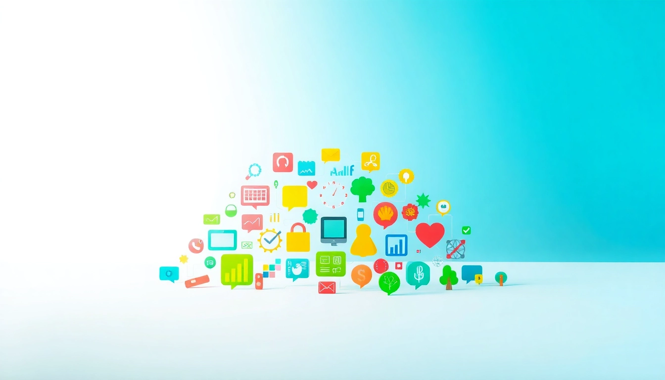 Explore vibrant icons showcasing various concepts in a bright digital artwork.