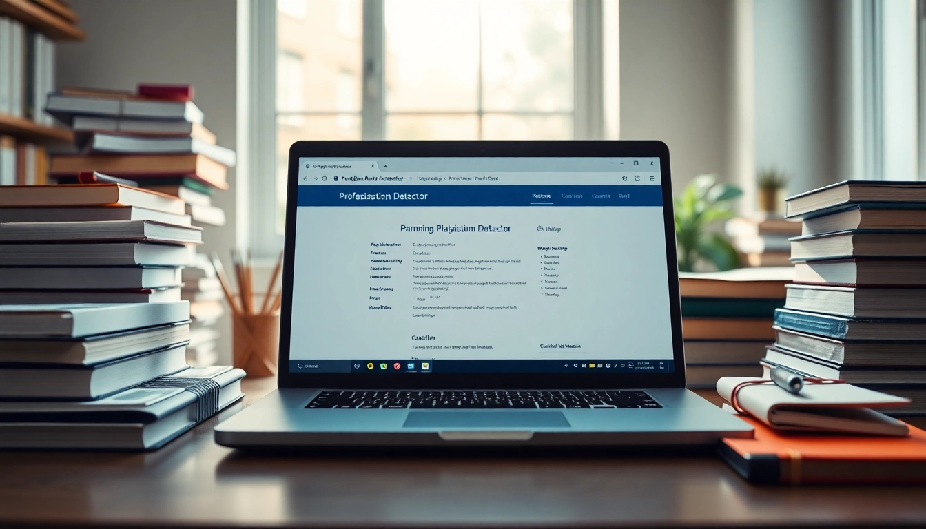 Engaging plagiarism detector interface displayed on a laptop in a cozy study environment.