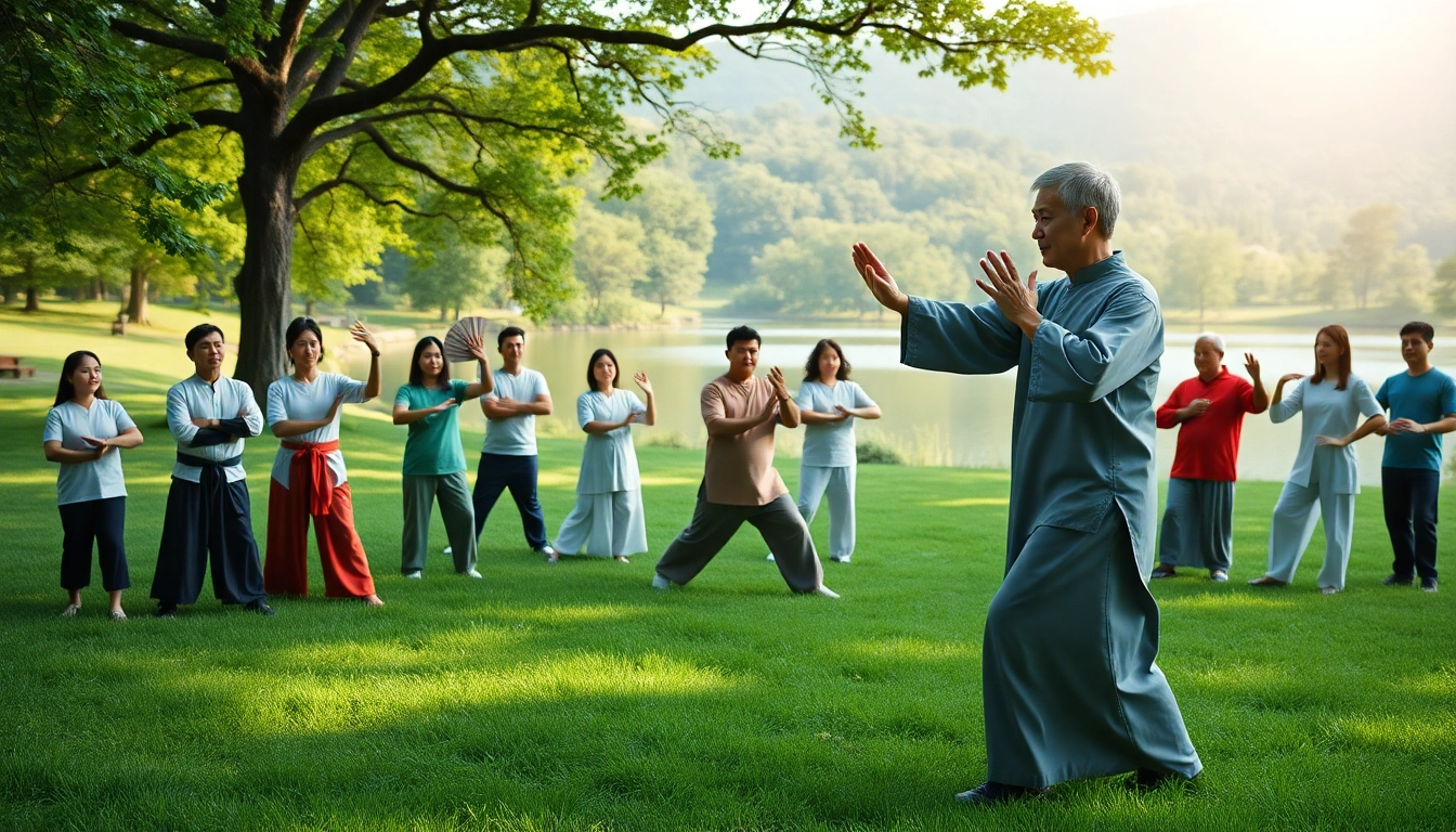 Step-by-Step Tai Chi for Beginners session, featuring a diverse group practicing under an instructor's guidance.