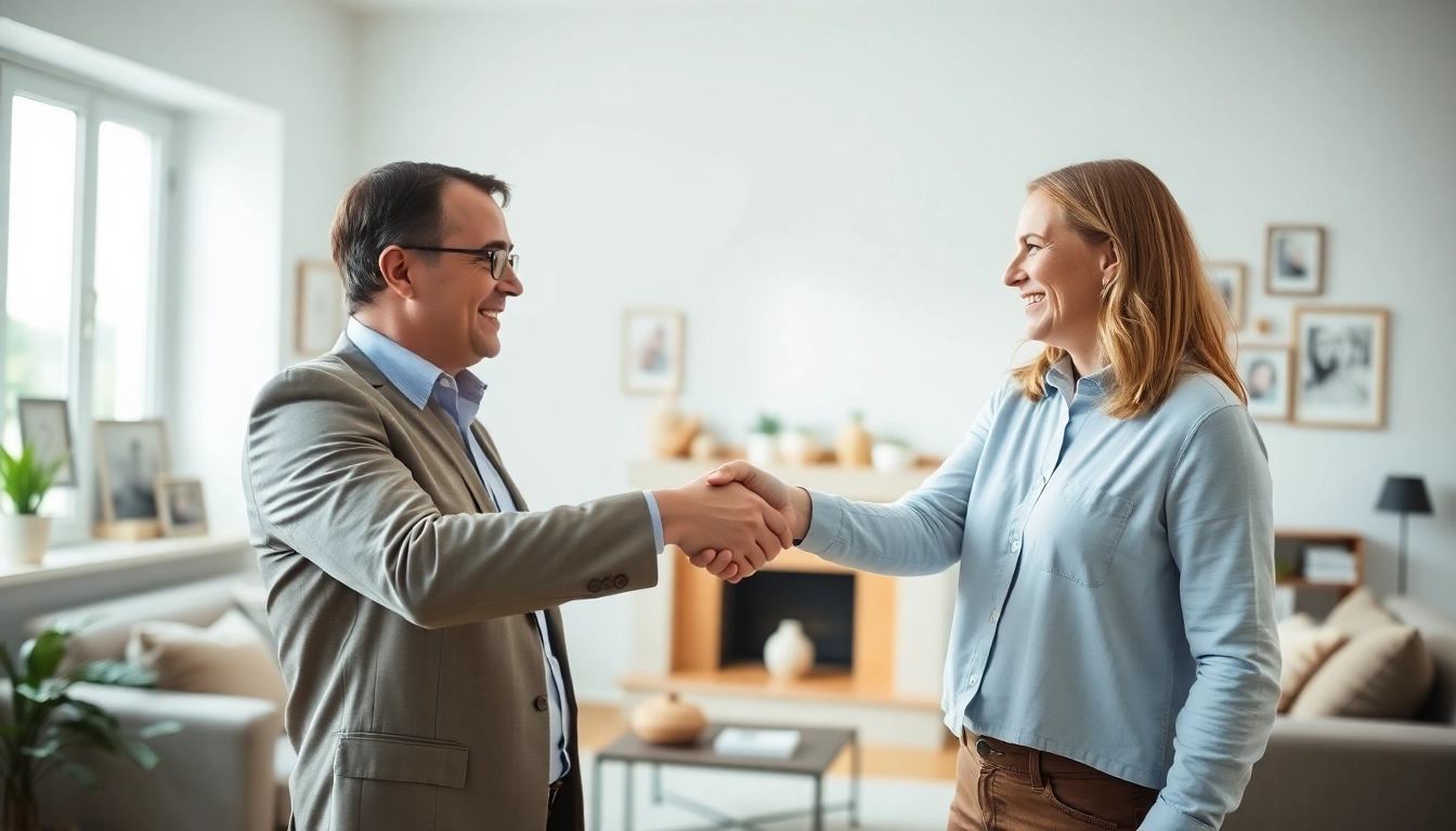 Real estate agent assisting direct home buyers in a bright, welcoming living room setting.