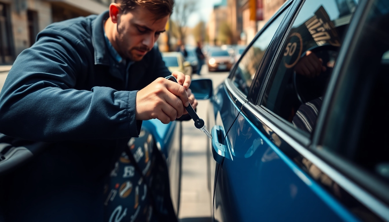 Driver receives help from a locksmith to retrieve Keys Locked in Car in a busy urban setting.