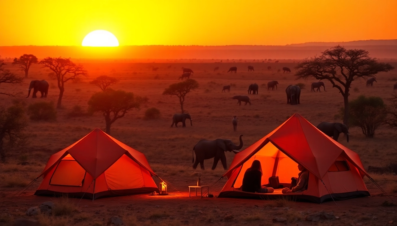 Setting up tents during a Tanzania budget camping safari at sunset with wildlife in the background.