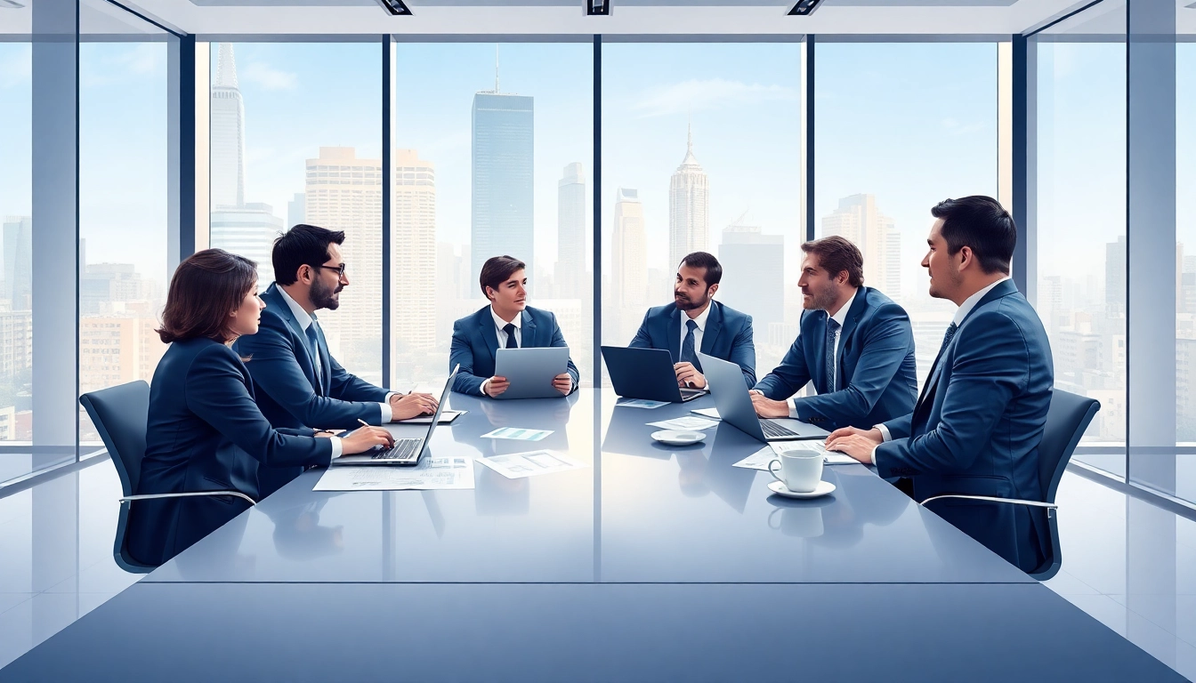 Engaged hedge fund professionals collaborating in a vibrant financial office.