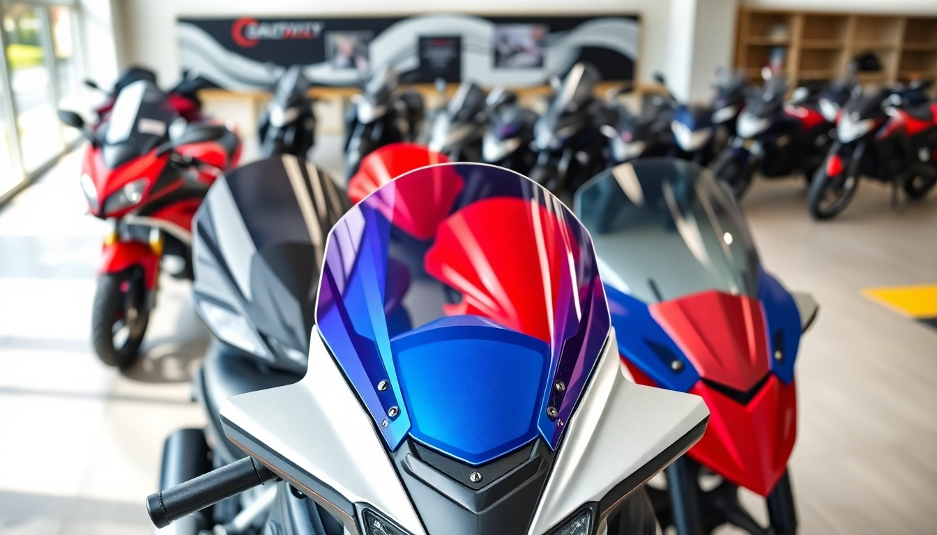 Showcasing various motorcycle windscreens with distinct features and finishes in a bright showroom.