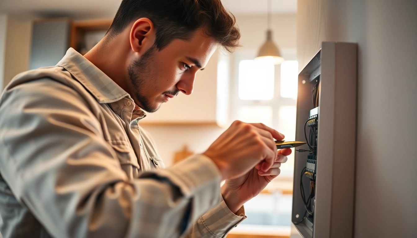 Providing expert Electrical Service while inspecting a circuit panel in a cozy kitchen setting.