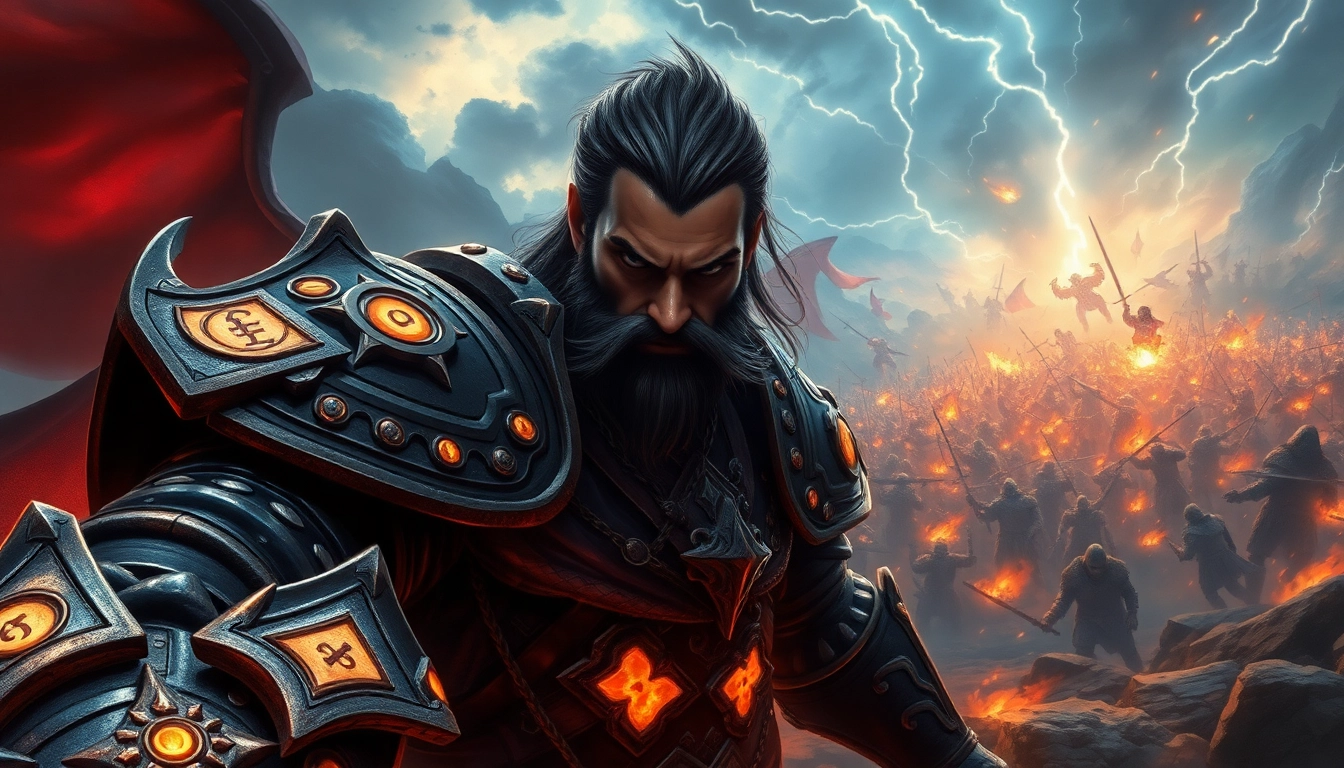 Warlords character in battle armor leading troops into a mystical battlefield.