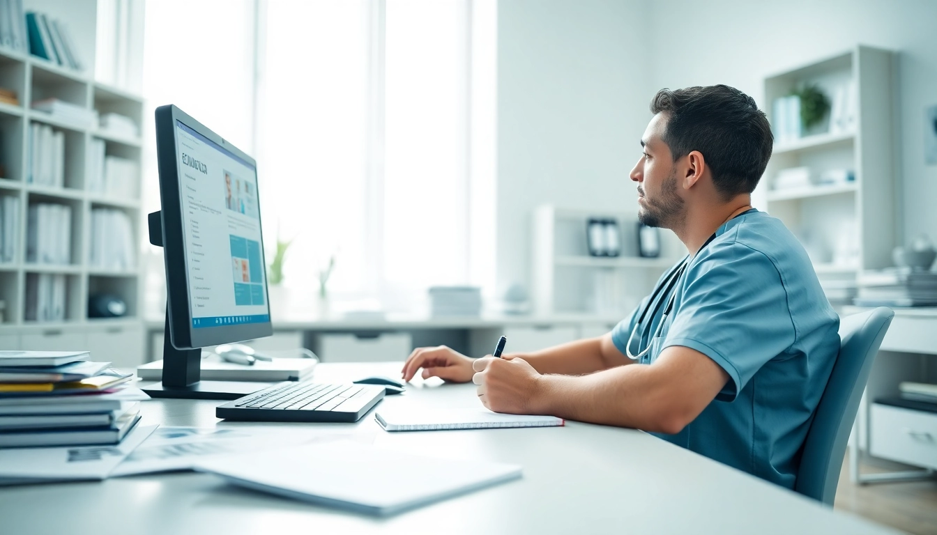 Nursing Continuing Education professional engaged in online courses in a bright office.