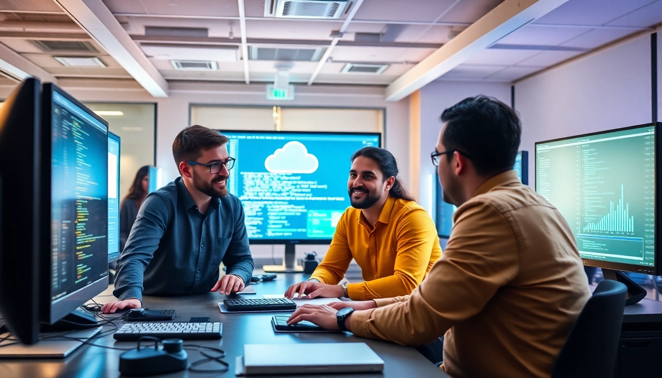 Showcase of cloud infrastructure and DevOps services with a collaborative tech team in a modern office.