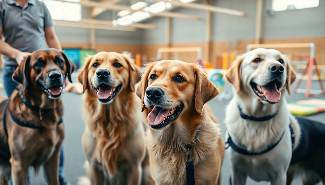 Service dogs for sale training with a professional trainer in a vibrant setting.