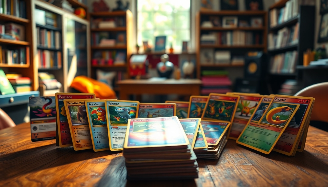 Showcasing real Pokemon cards in a cozy display with vibrant colors and warm lighting.