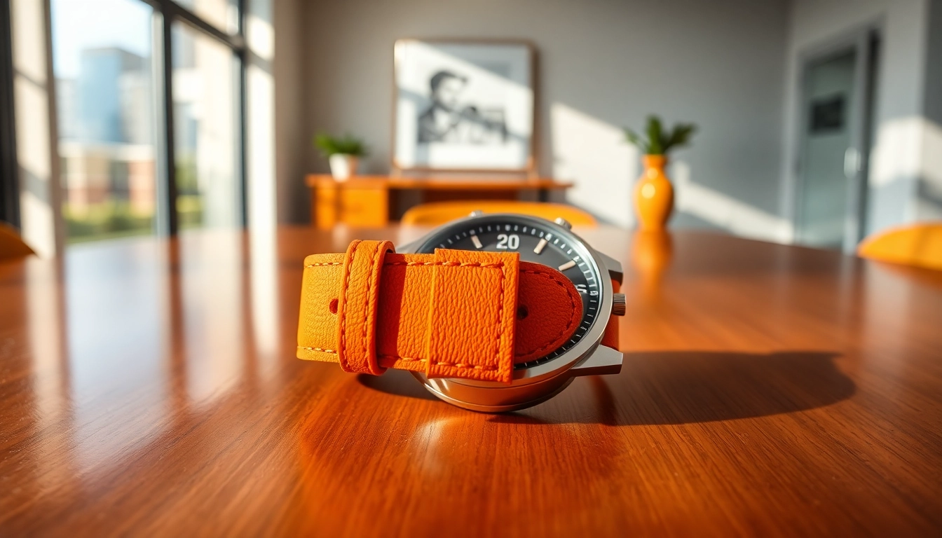 Showcasing an orange watch strap on a fashionable wristwatch against a bright backdrop.