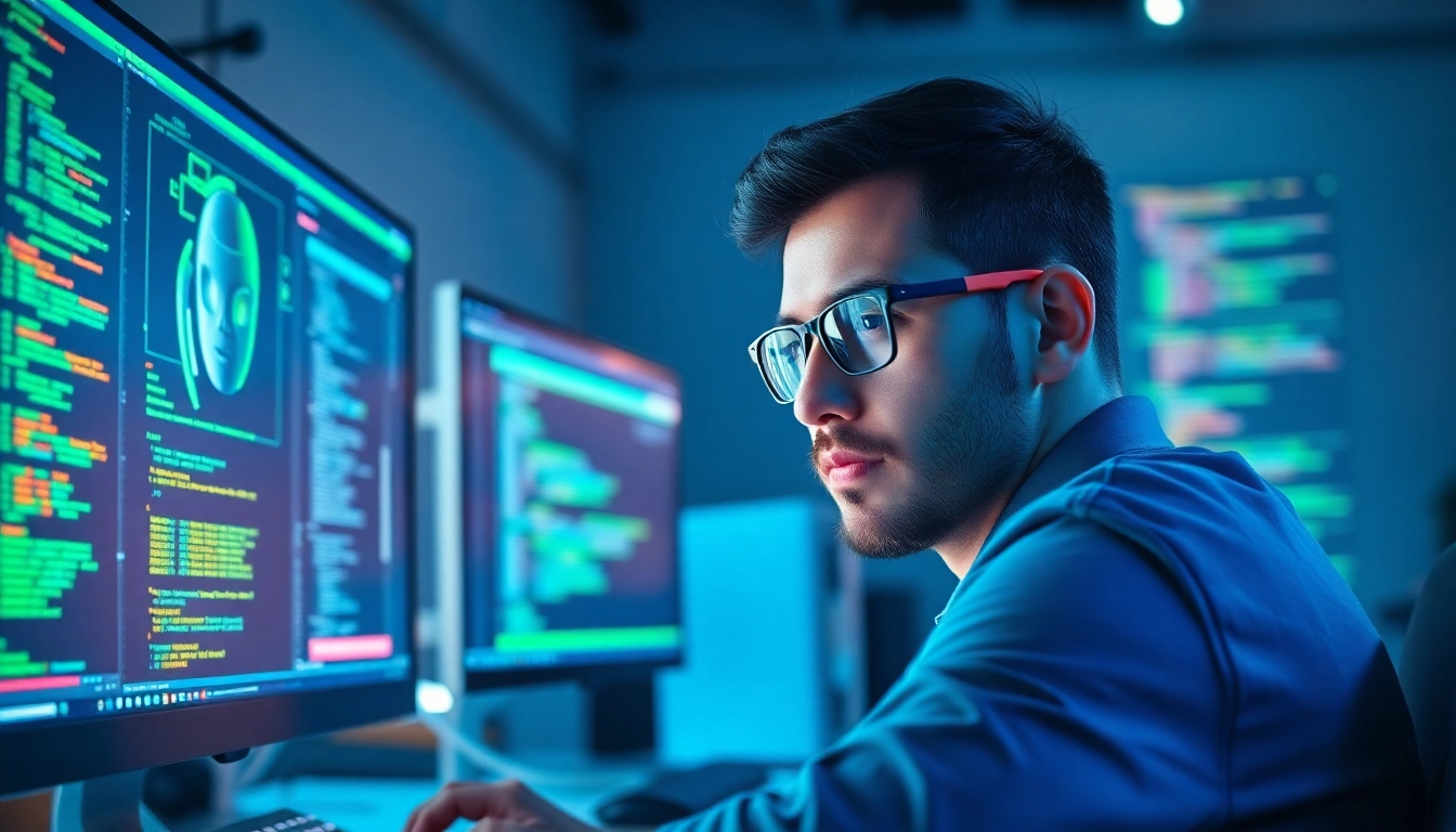 Innovative developer showcasing an api for midjourney in a high-tech workspace.