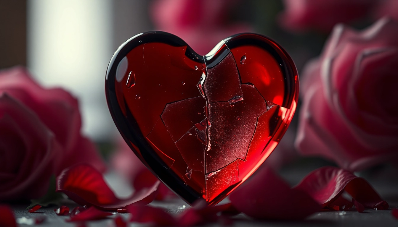 Capture the essence of a relationship breakup with a broken heart symbol in a floral setting.