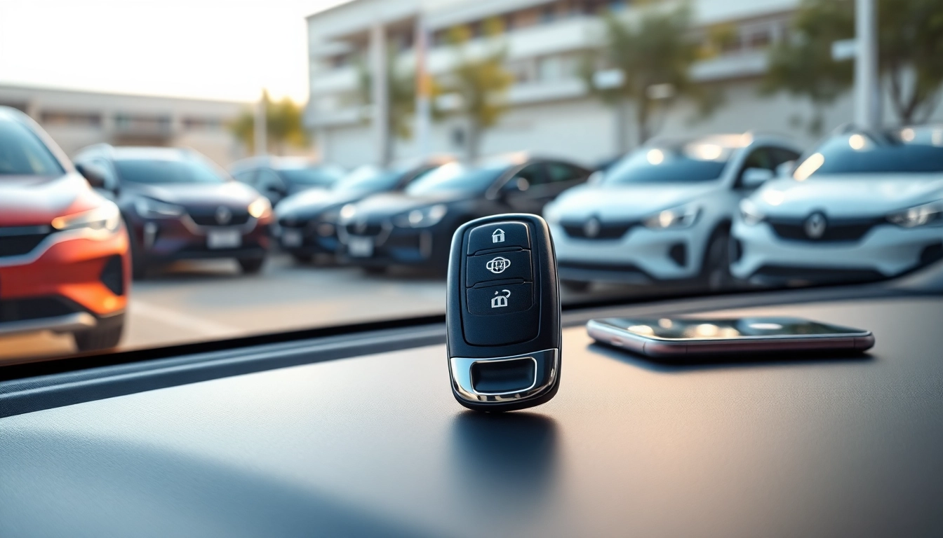 Showcasing keys for electric cars, a modern key fob on a sleek dashboard beside a smartphone.