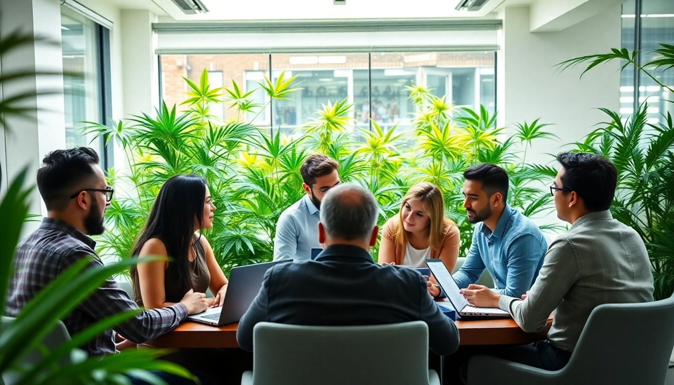 Team brainstorming for a cannabis marketing agency strategy in a dynamic office environment.