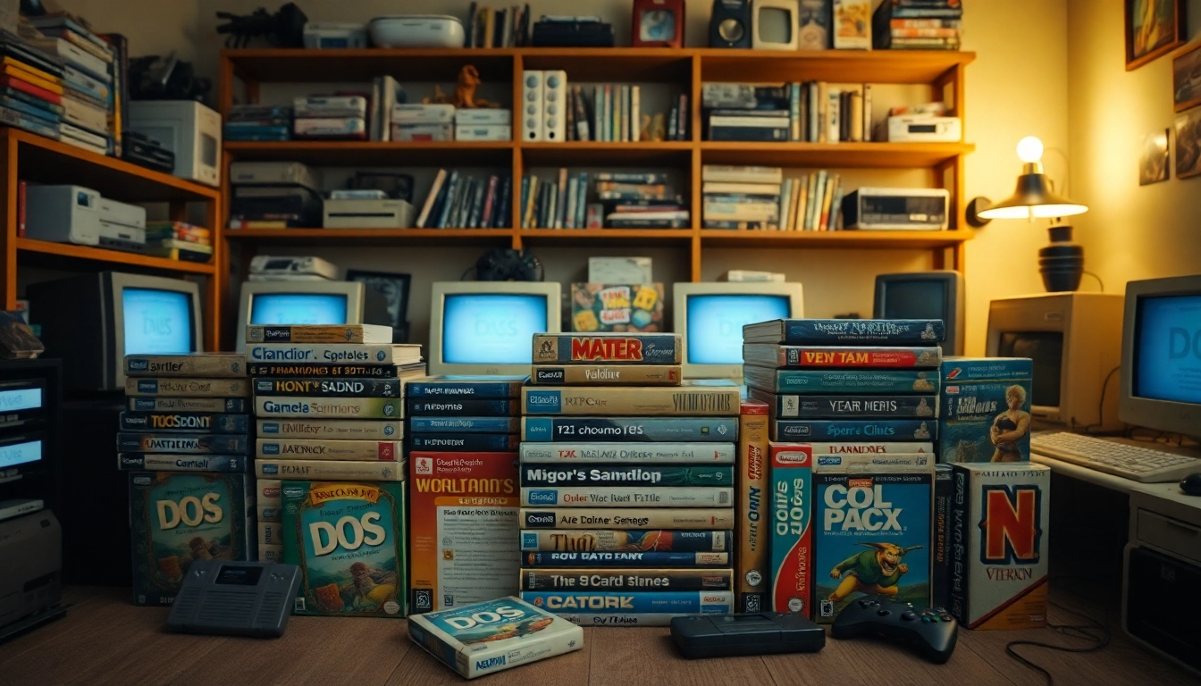 Engaging collection of classic dos games download boxes in a nostalgic gaming room