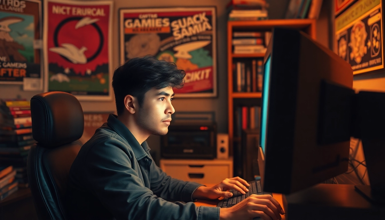 Gamer downloading dos games download on a retro computer in a nostalgic setting.
