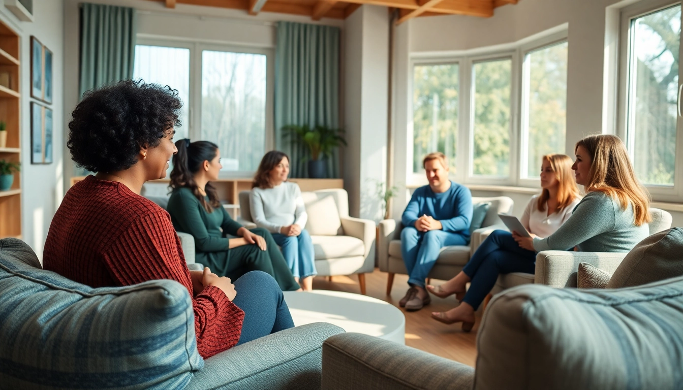 Participants sharing experiences dealing with grief in a cozy, supportive therapy room.