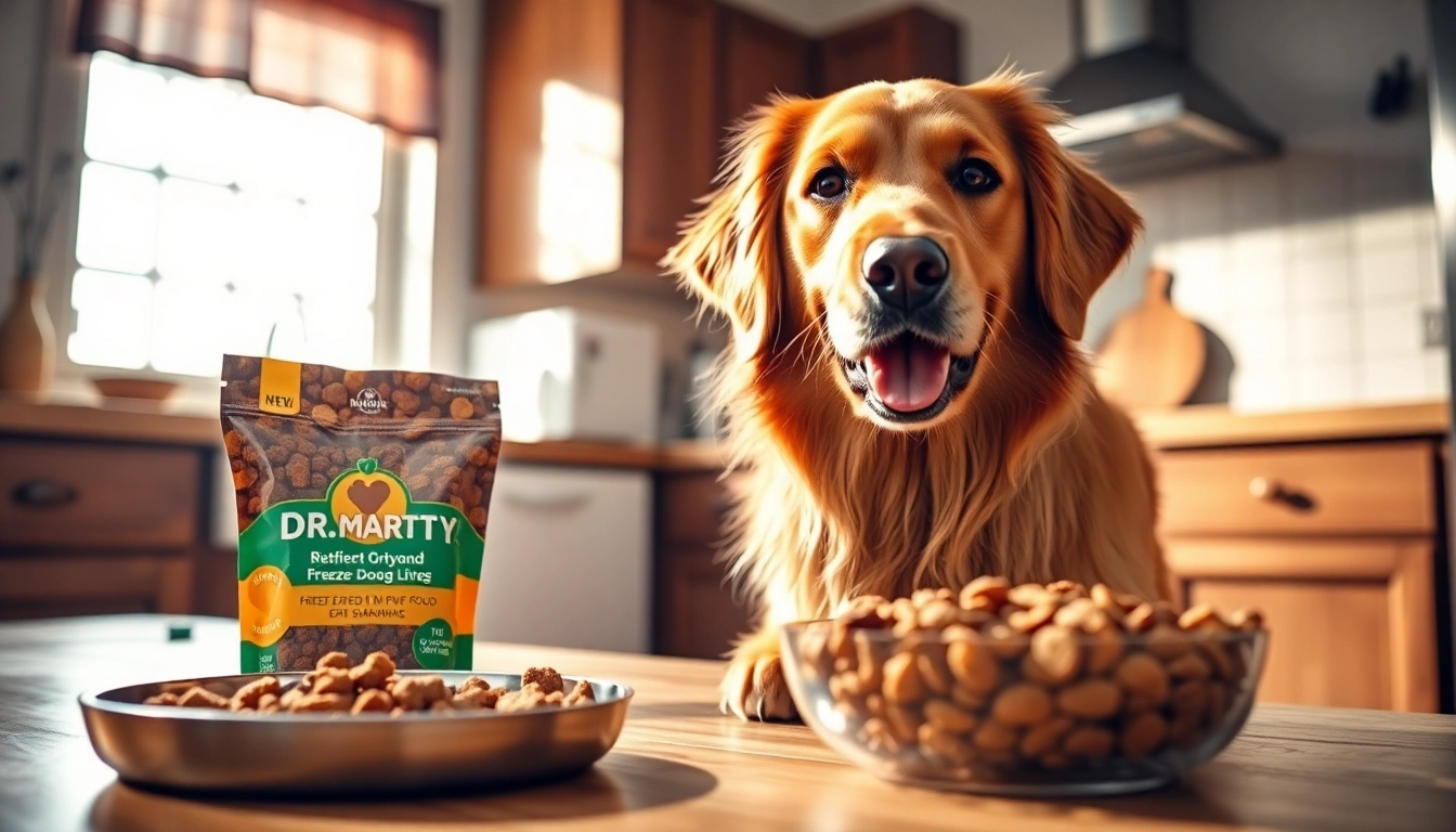 Dog eagerly looking at a bowl of dr marty pet food canada in a bright kitchen setting.