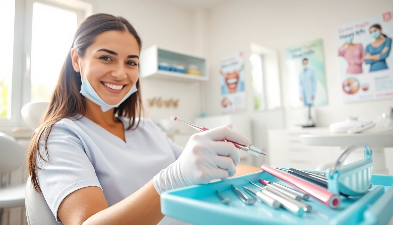 Enhance hygiene with a dental hygienist examining a patient in a bright clinic environment.