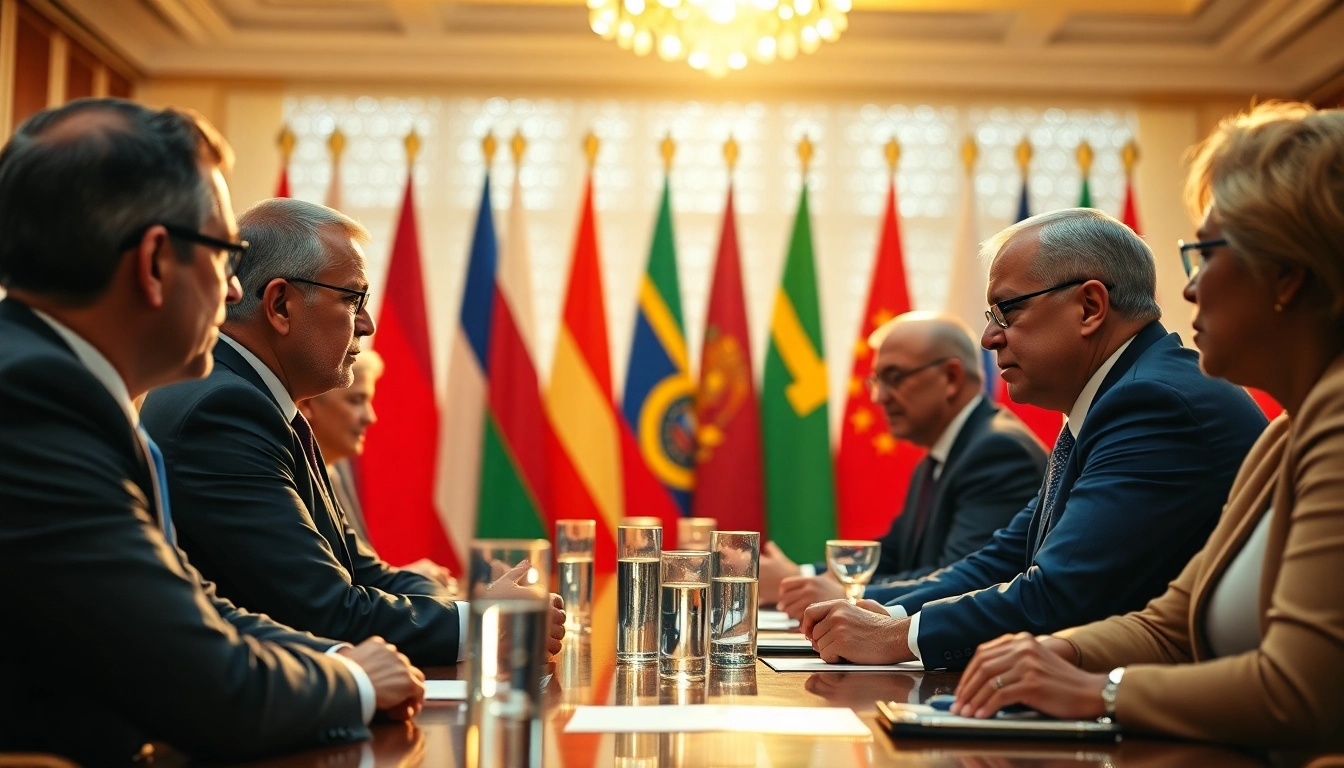 Showcase a vibrant discussion on coopération Russie Afrique between global leaders, highlighting unity.