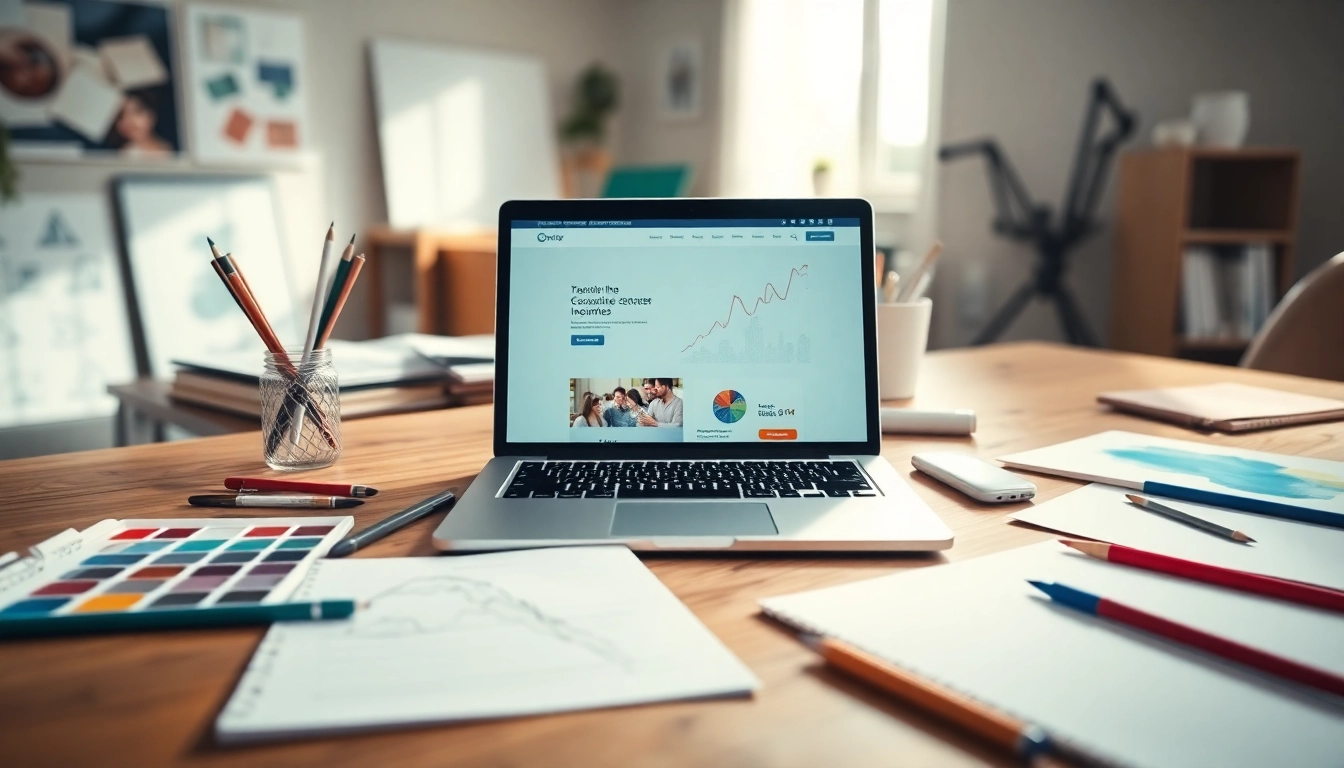 Showcasing website design on a laptop with design tools, emphasizing creativity and modern aesthetics.