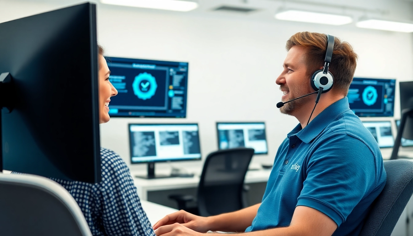 Technician providing computer support in a modern office setting, showcasing technical expertise and customer care.