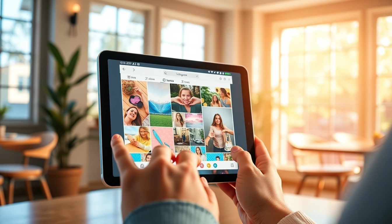 View Instagram stories anonymously on a tablet in a cozy café setting with colorful interface.