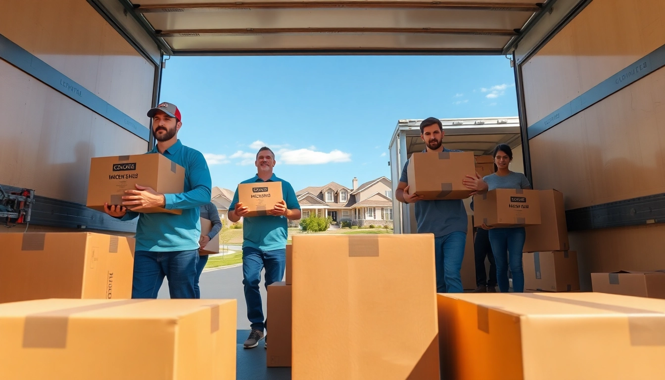 Efficient team of the Colorado Moving Company organizing a move with boxes and furniture in bright lighting.
