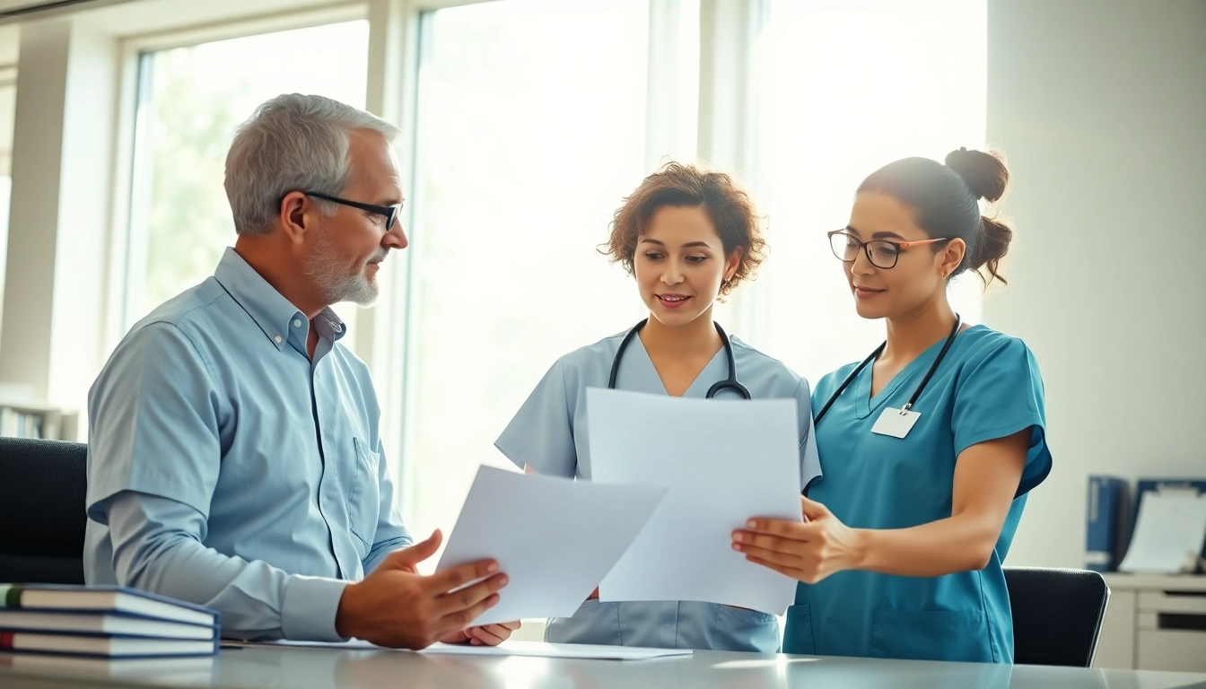 Consultation between a nurse and Alabama Board of Nursing representative in a professional office setting.