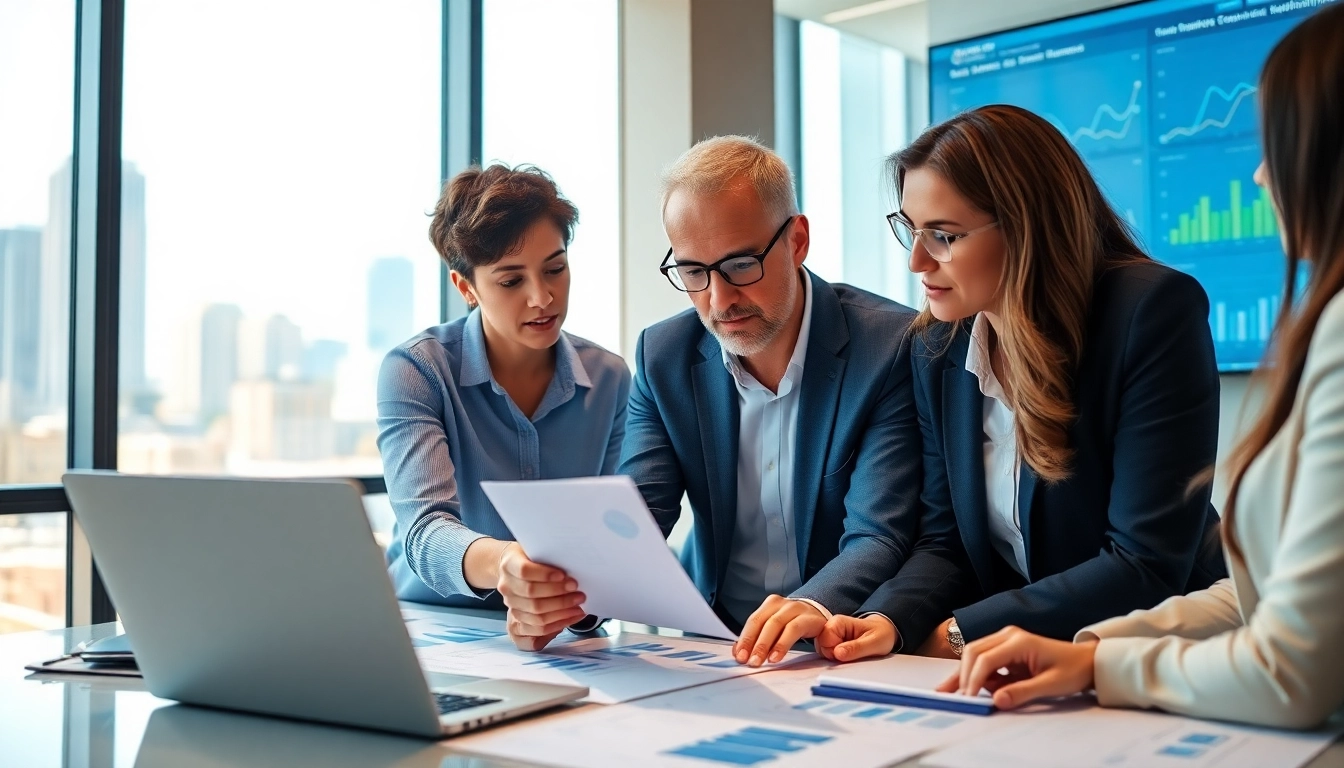 Crisis management consultant strategizing in a modern office, engaging with data and analytics.